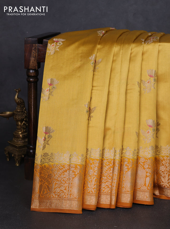 Chiniya silk saree mustard yellow and dark mustard with floral zari woven buttas and zari woven border