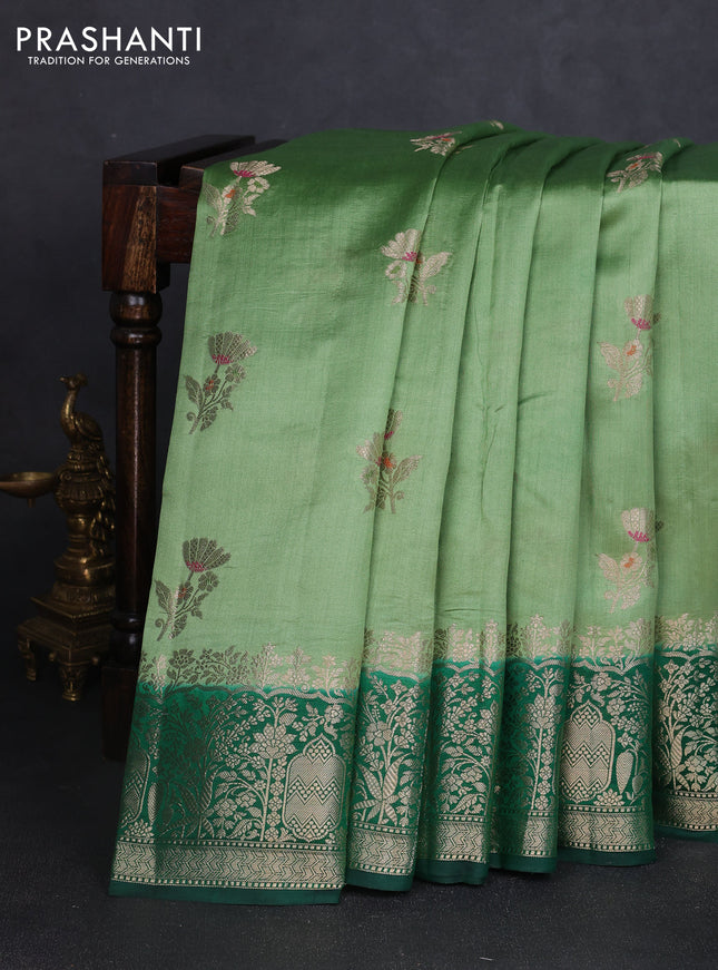 Chiniya silk saree pista green and dark green with floral zari woven buttas and zari woven border
