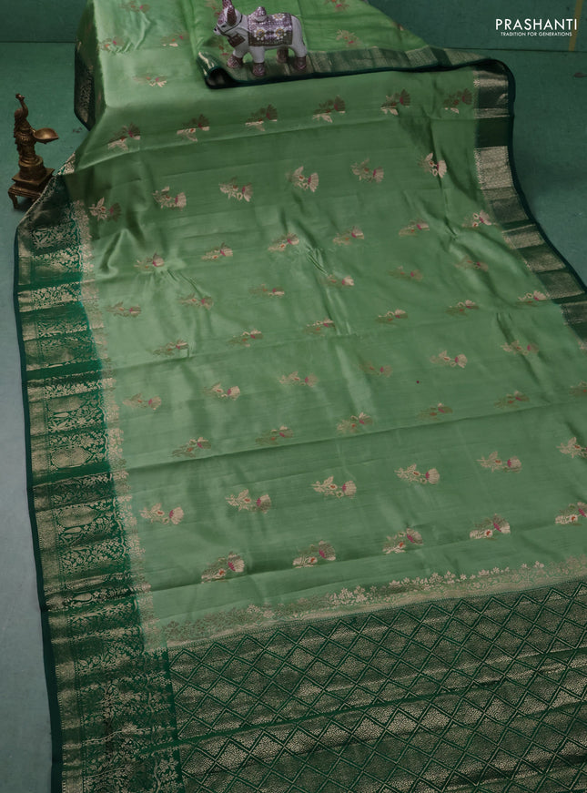 Chiniya silk saree pista green and dark green with floral zari woven buttas and zari woven border
