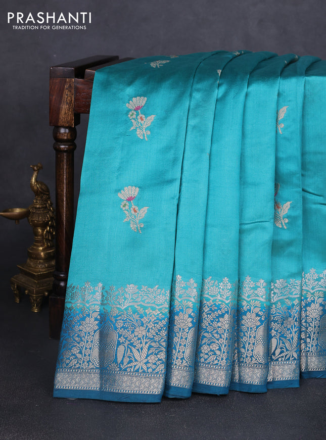 Chiniya silk saree teal blue and peacock blue with floral zari woven buttas and zari woven border