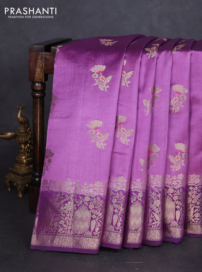 Chiniya silk saree mild purple and purple with floral zari woven buttas and zari woven border