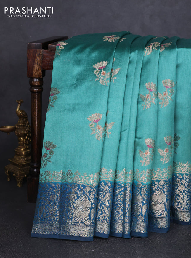 Chiniya silk saree teal green shade and peacock blue with floral zari woven buttas and zari woven border