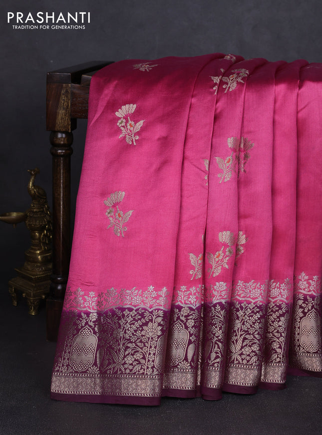 Chiniya silk saree pink and wine shade with floral zari woven buttas and zari woven border
