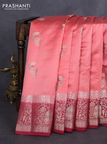 Chiniya silk saree peach orange and maroon with floral zari woven buttas and zari woven border