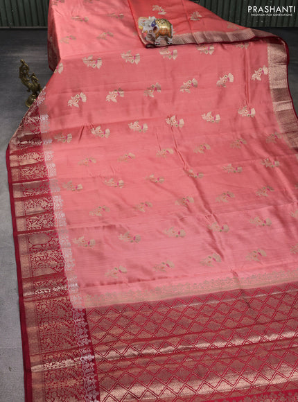 Chiniya silk saree peach orange and maroon with floral zari woven buttas and zari woven border
