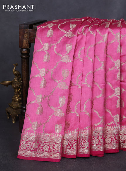 Chiniya silk saree pink and dark pink with allover floral zari weaves and zari woven border