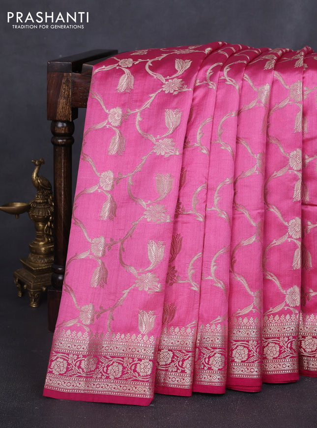 Chiniya silk saree pink and dark pink with allover floral zari weaves and zari woven border
