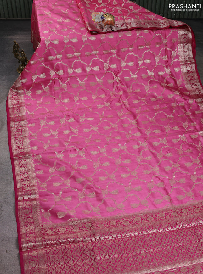 Chiniya silk saree pink and dark pink with allover floral zari weaves and zari woven border