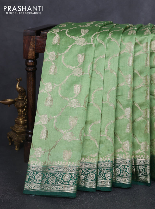 Chiniya silk saree pastel green and dark green with allover floral zari weaves and zari woven border