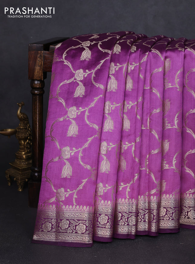 Chiniya silk saree mild purple and purple with allover floral zari weaves and zari woven border