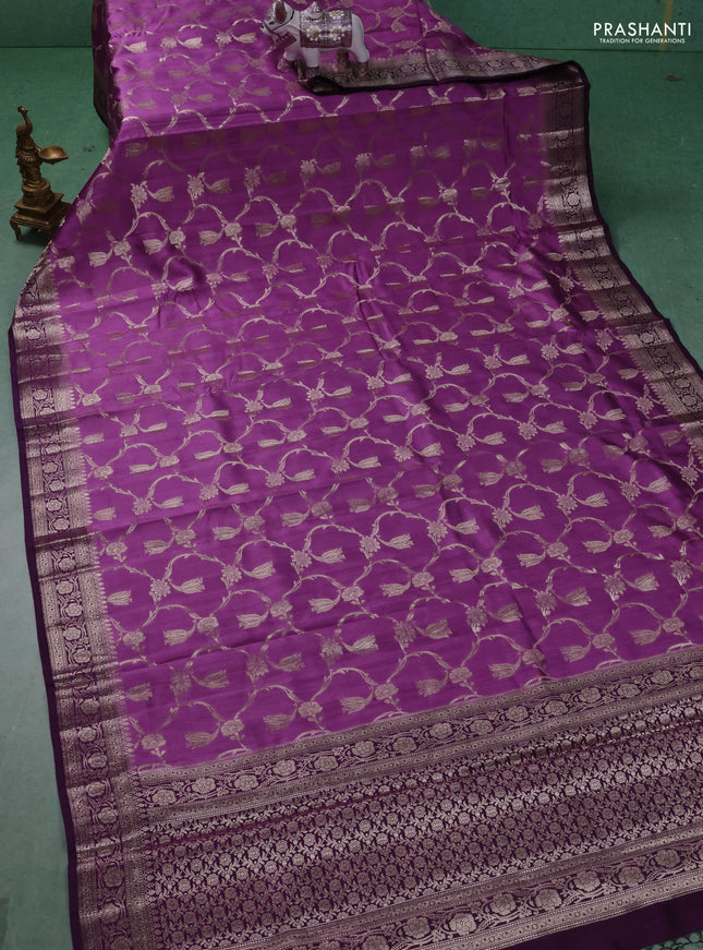 Chiniya silk saree mild purple and purple with allover floral zari weaves and zari woven border