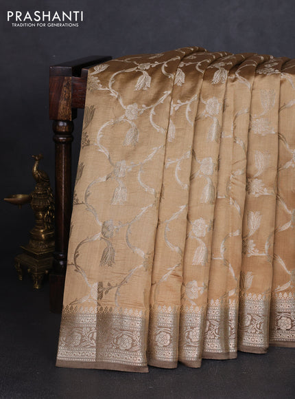Chiniya silk saree sandal and brown shade with allover floral zari weaves and zari woven border