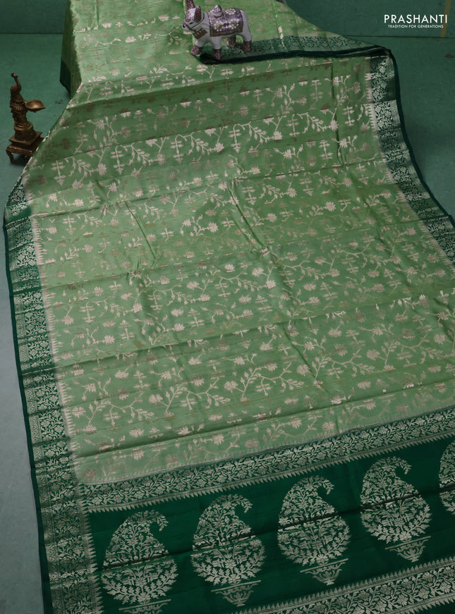 Chiniya silk saree pastel green and dark green with allover zari weaves and zari woven border