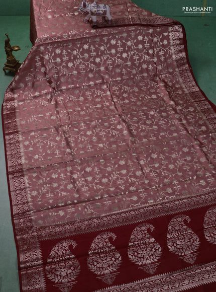 Chiniya silk saree pastel peach and maroon with allover zari weaves and zari woven border
