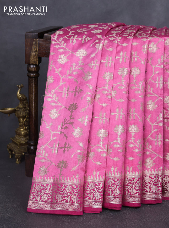 Chiniya silk saree pink and dark pink with allover zari weaves and zari woven border