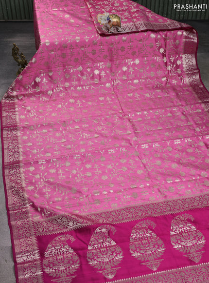 Chiniya silk saree pink and dark pink with allover zari weaves and zari woven border