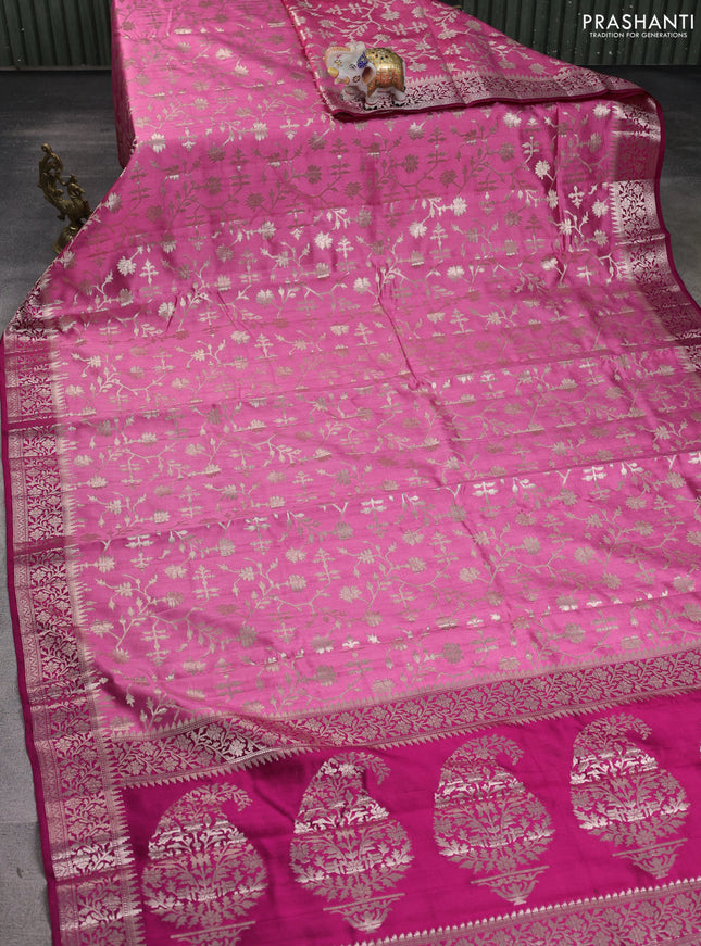 Chiniya silk saree pink and dark pink with allover zari weaves and zari woven border