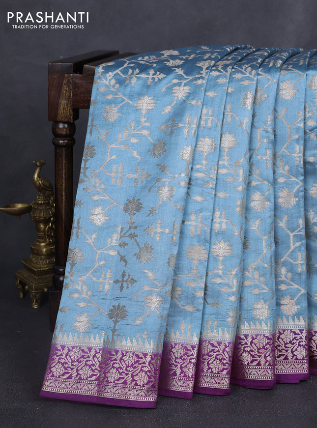 Chiniya silk saree pastel blue and purple with allover zari weaves and zari woven border