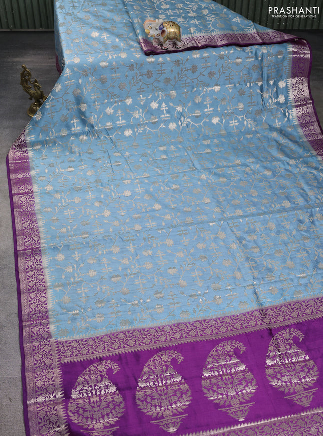 Chiniya silk saree pastel blue and purple with allover zari weaves and zari woven border