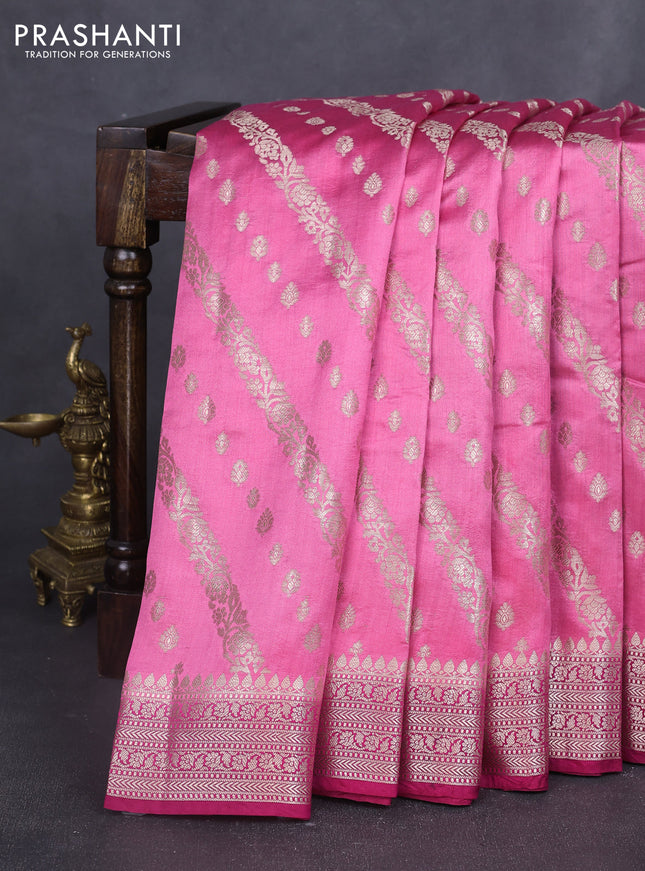 Chiniya silk saree pink and dark pink with allover zari weaves and zari woven border