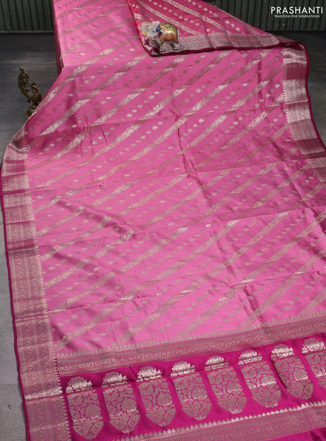 Chiniya silk saree pink and dark pink with allover zari weaves and zari woven border