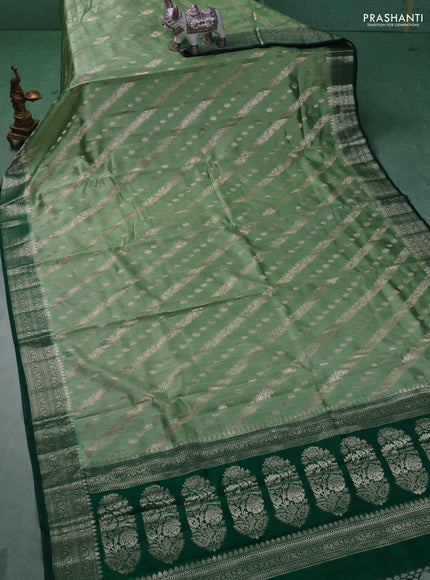 Chiniya silk saree pastel green and dark green with allover zari weaves and zari woven border