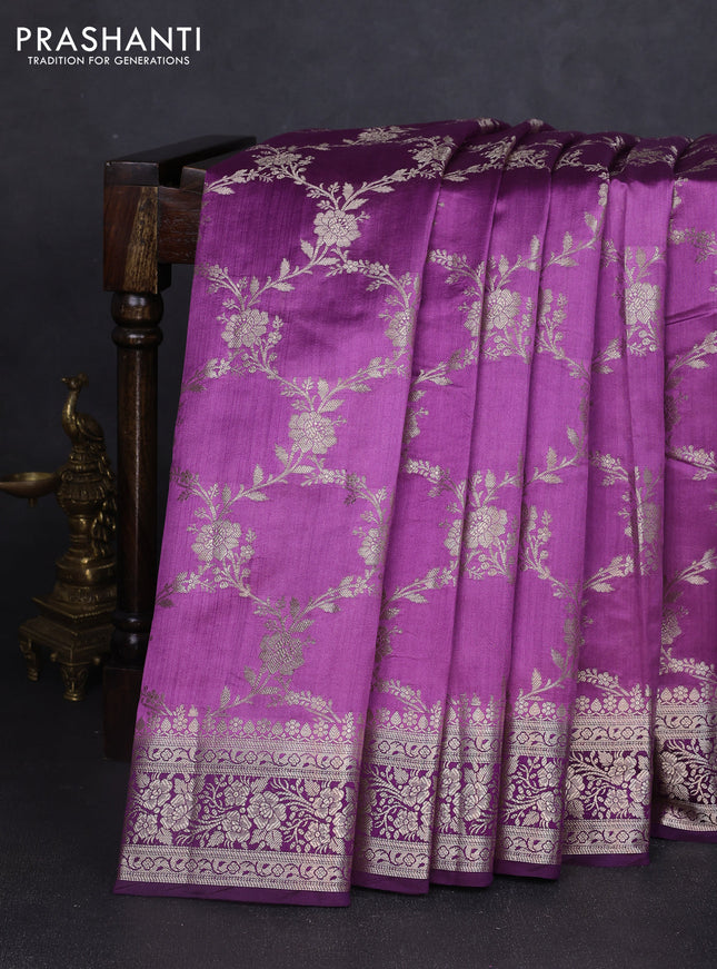 Chiniya silk saree mild purple and purple with allover floral zari weaves and zari woven border