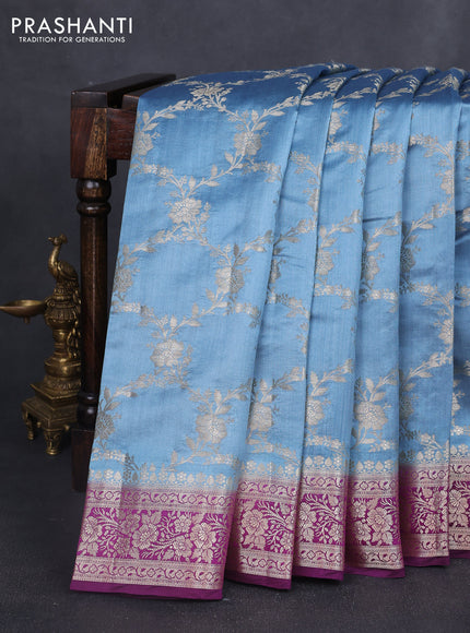 Chiniya silk saree bluish grey and purple with allover floral zari weaves and zari woven border