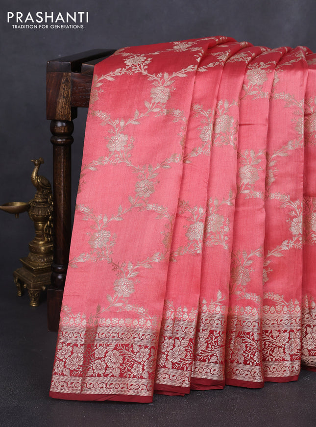 Chiniya silk saree peach shade and maroon with allover floral zari weaves and zari woven border