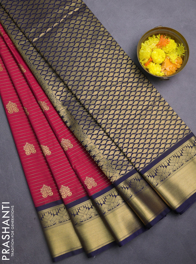 Semi kanchipuram silk saree pink and navy blue with allover zari weaves & buttas and rich zari woven korvai border