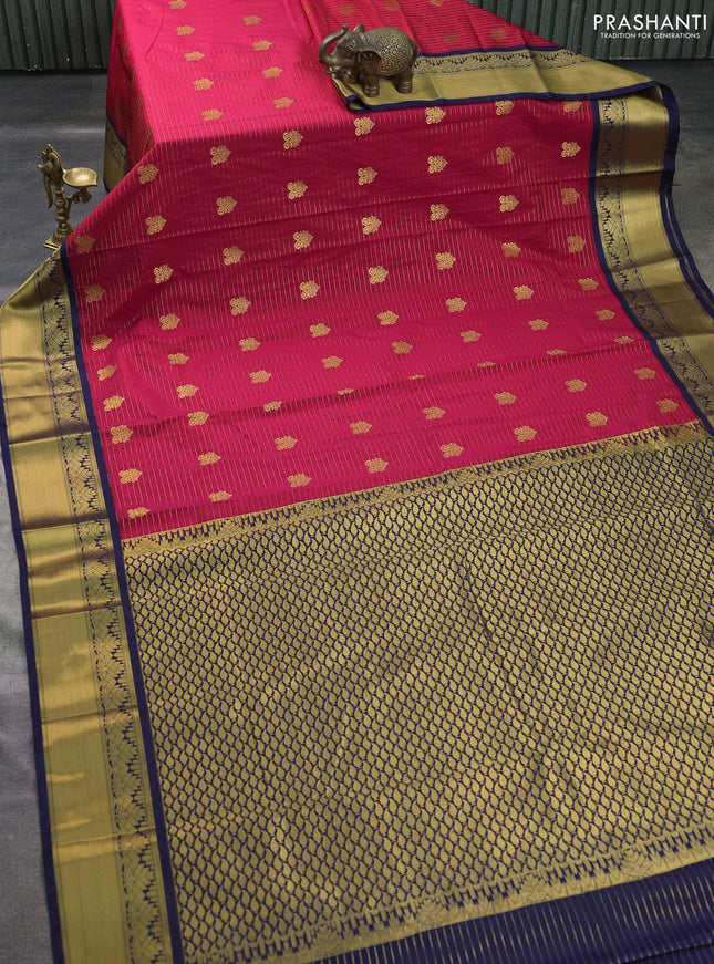 Semi kanchipuram silk saree pink and navy blue with allover zari weaves & buttas and rich zari woven korvai border