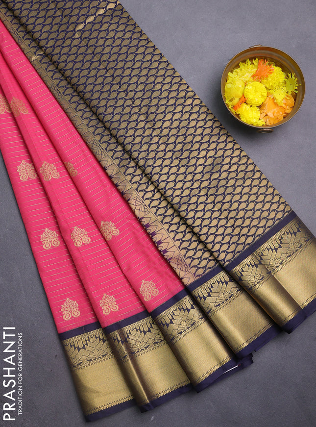 Semi kanchipuram silk saree pink and navy blue with allover zari weaves & buttas and rich zari woven korvai border