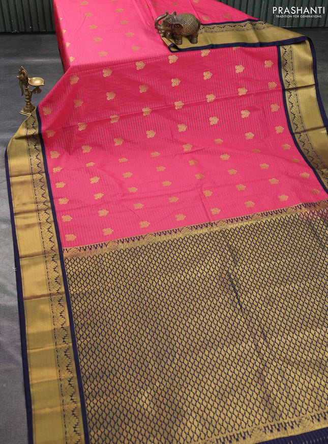 Semi kanchipuram silk saree pink and navy blue with allover zari weaves & buttas and rich zari woven korvai border