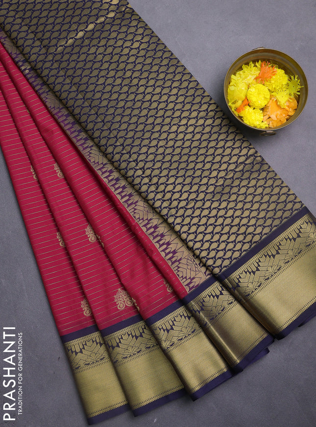 Semi kanchipuram silk saree pink and navy blue with allover zari weaves & buttas and rich zari woven korvai border