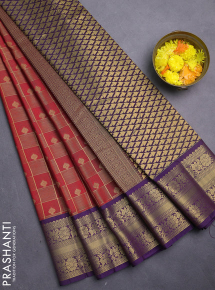 Semi kanchipuram silk saree red and purple with allover zari checks & buttas and rettapet zari woven korvai border