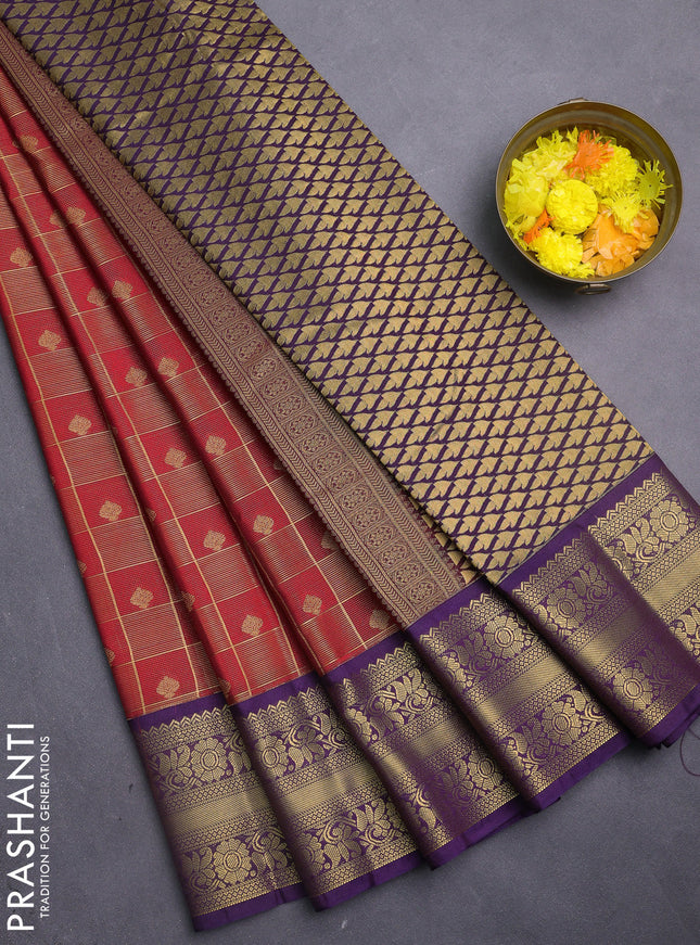 Semi kanchipuram silk saree red and purple with allover zari checks & buttas and rettapet zari woven korvai border