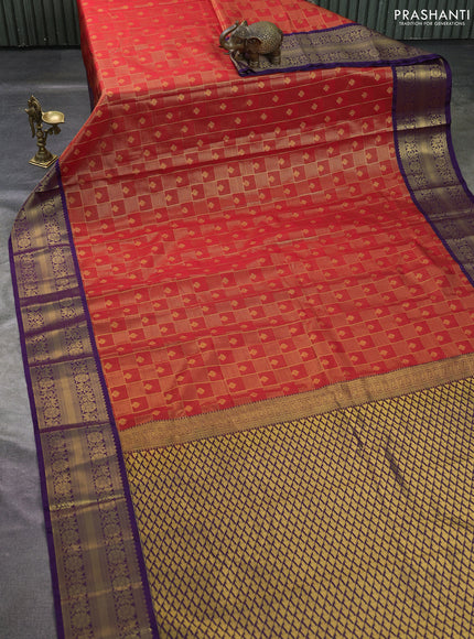 Semi kanchipuram silk saree red and purple with allover zari checks & buttas and rettapet zari woven korvai border