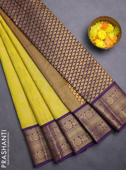 Semi kanchipuram silk saree lime yellow and violet with allover zari checks & buttas and rettapet zari woven korvai border