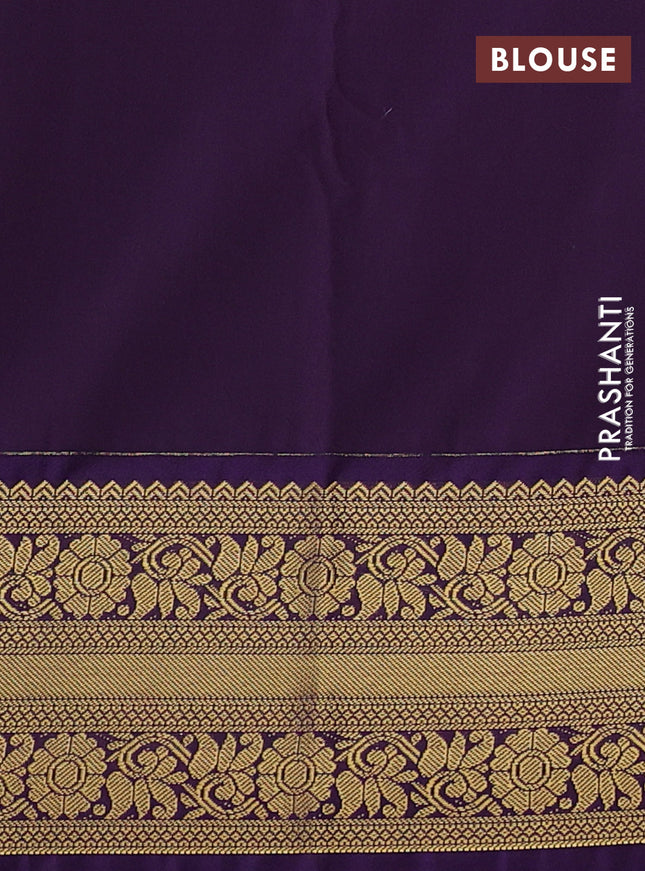 Semi kanchipuram silk saree lime yellow and violet with allover zari checks & buttas and rettapet zari woven korvai border