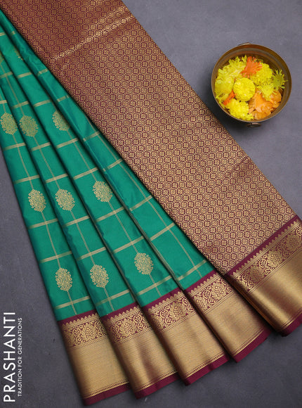 Semi kanchipuram silk saree green and wine shade with allover zari checks & buttas and zari woven korvai border