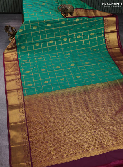 Semi kanchipuram silk saree green and wine shade with allover zari checks & buttas and zari woven korvai border