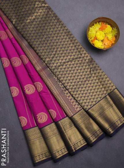 Semi kanchipuram silk saree magenta pink and navy blue with allover zari weaves & buttas and zari woven korvai border