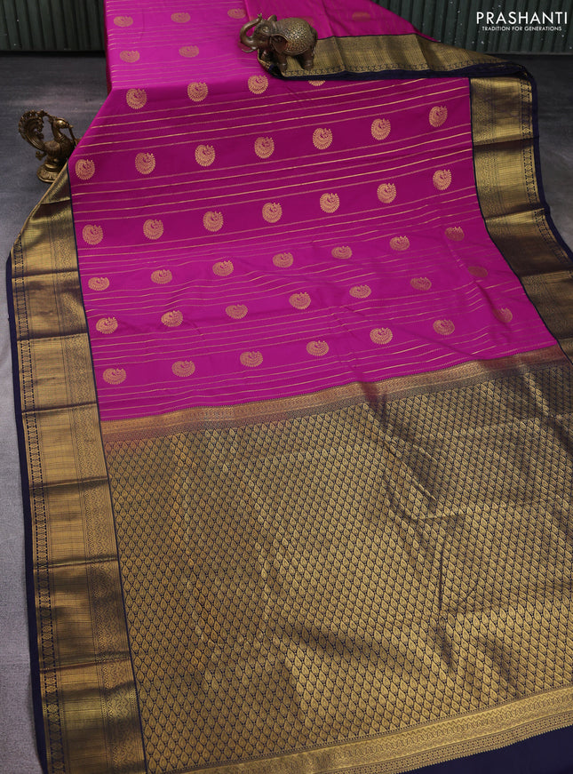 Semi kanchipuram silk saree magenta pink and navy blue with allover zari weaves & buttas and zari woven korvai border