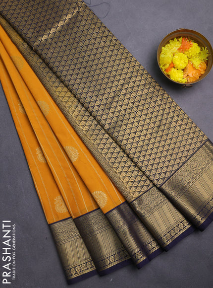 Semi kanchipuram silk saree mustard yellow and navy blue with allover zari weaves & buttas and zari woven korvai border