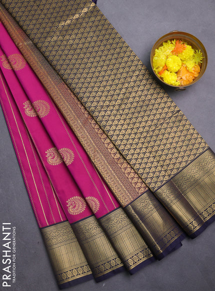 Semi kanchipuram silk saree magenta pink and navy blue with allover zari weaves & buttas and zari woven korvai border