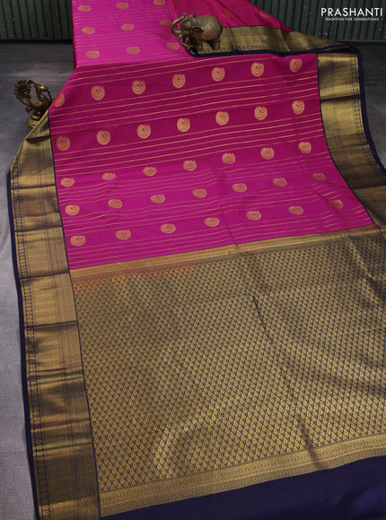 Semi kanchipuram silk saree magenta pink and navy blue with allover zari weaves & buttas and zari woven korvai border