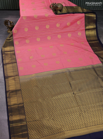 Semi kanchipuram silk saree peach pink and navy blue with allover zari weaves & buttas and zari woven korvai border