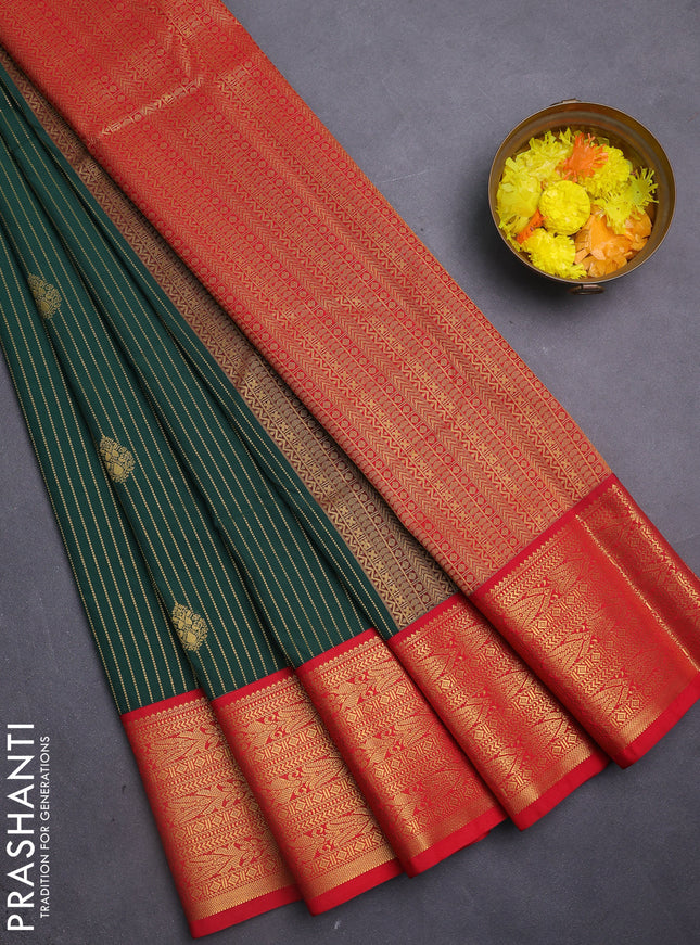 Semi kanchipuram silk saree green and red with allover zari stripes pattern & buttas and zari woven korvai border
