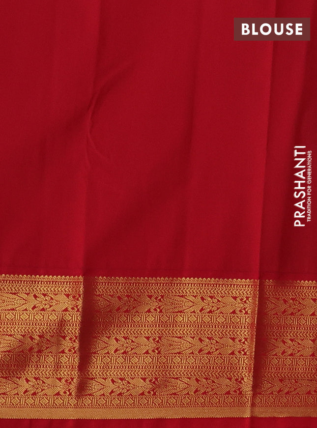 Semi kanchipuram silk saree green and red with allover zari stripes pattern & buttas and zari woven korvai border