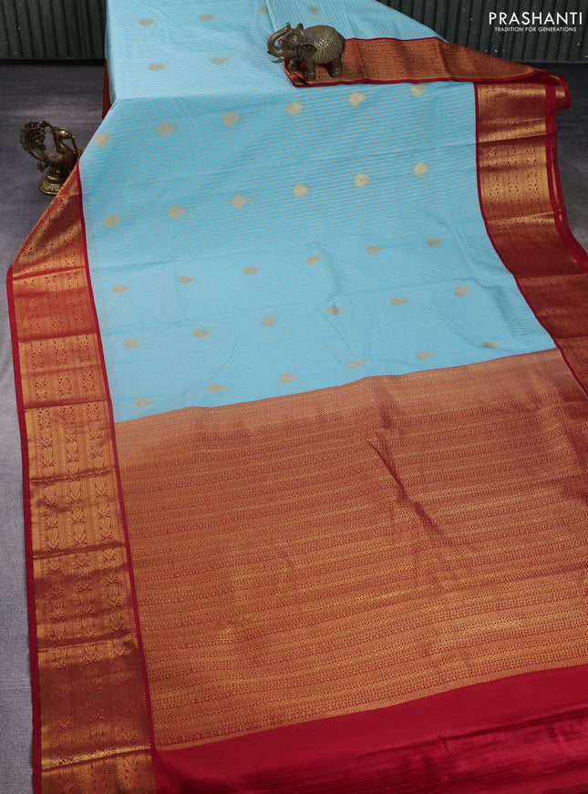 Semi kanchipuram silk saree teal blue and red with allover zari stripes pattern & buttas and zari woven korvai border